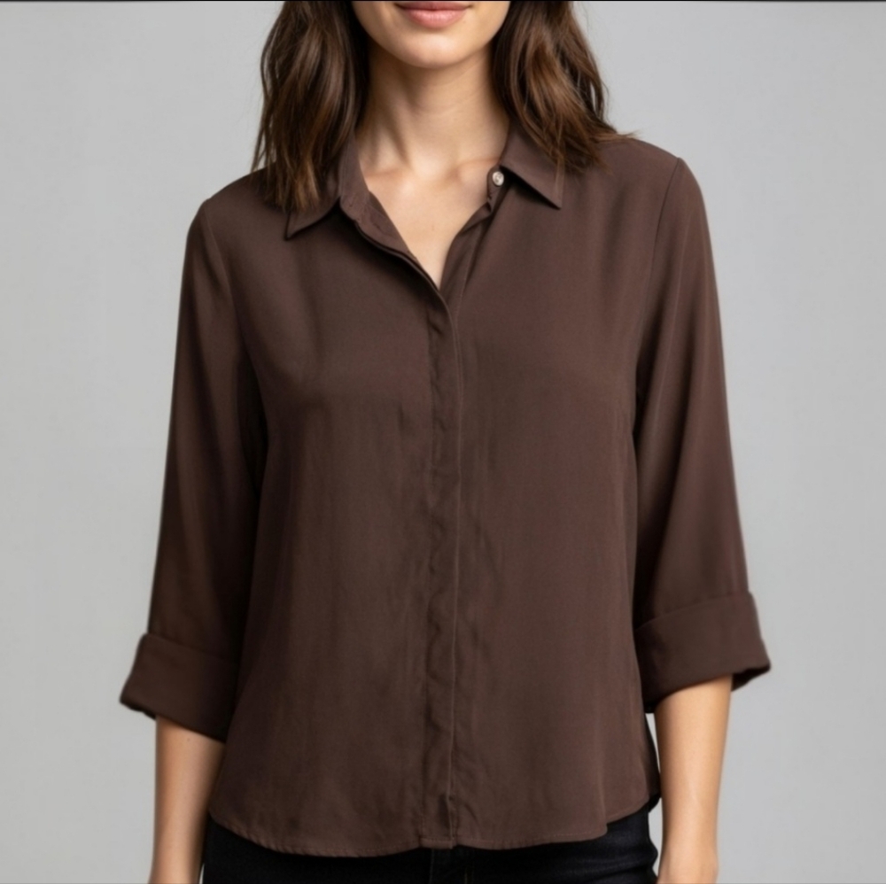 Orvis 100% Silk Button Up Blouse Brown 3/4 Sleeve Women’s Medium Classic Minimal